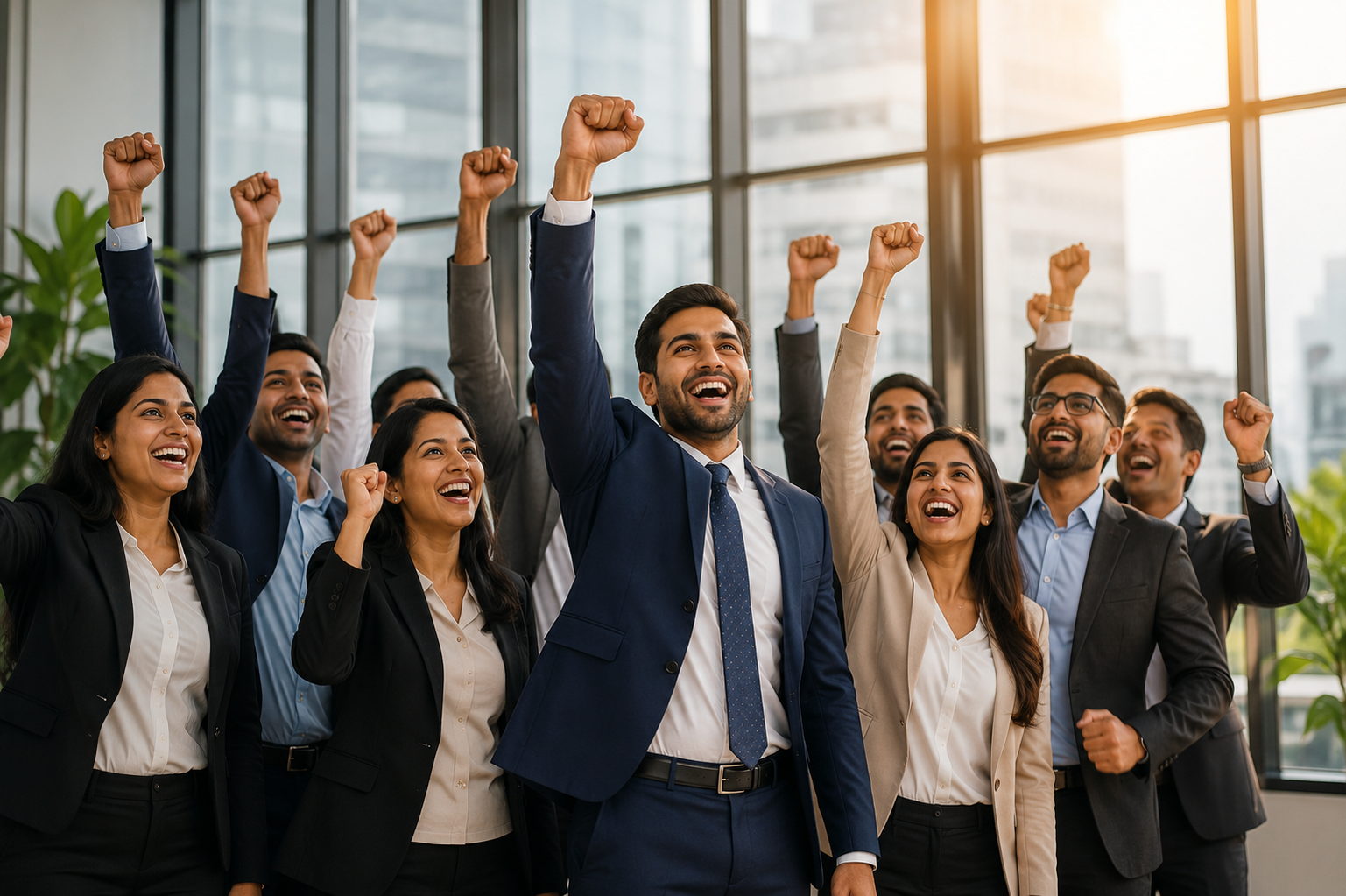 Indian professionals celebrating success together in a modern office, representing empowerment, confidence, teamwork, career growth, and professional development.