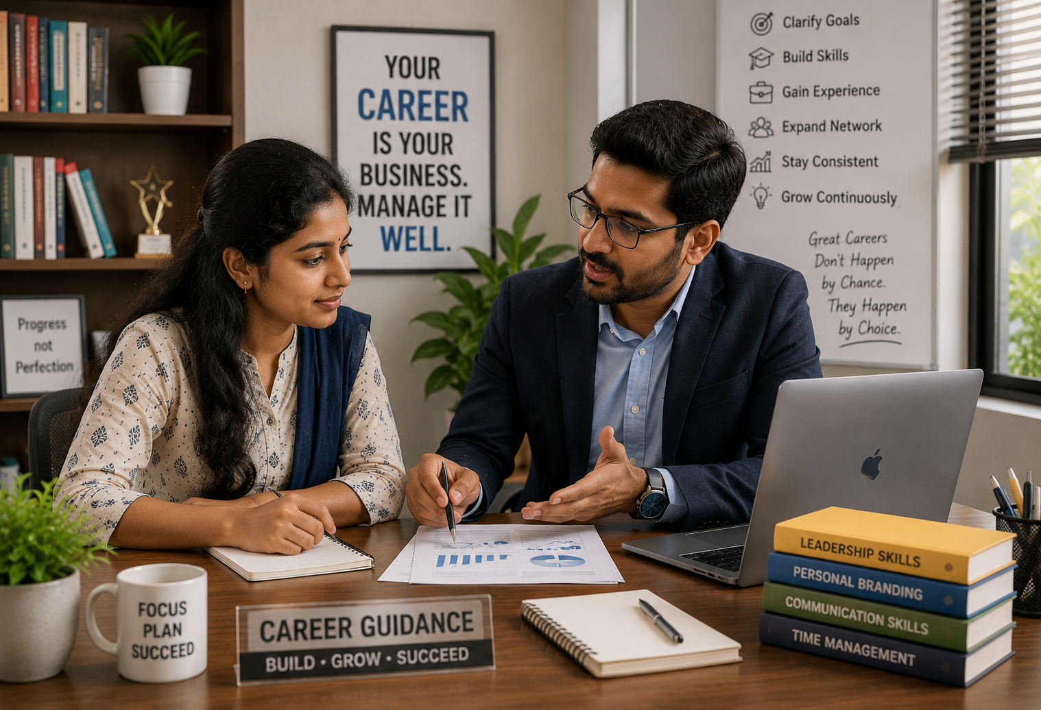 Indian career mentor guiding a young professional through career goals, skill development and professional growth planning.